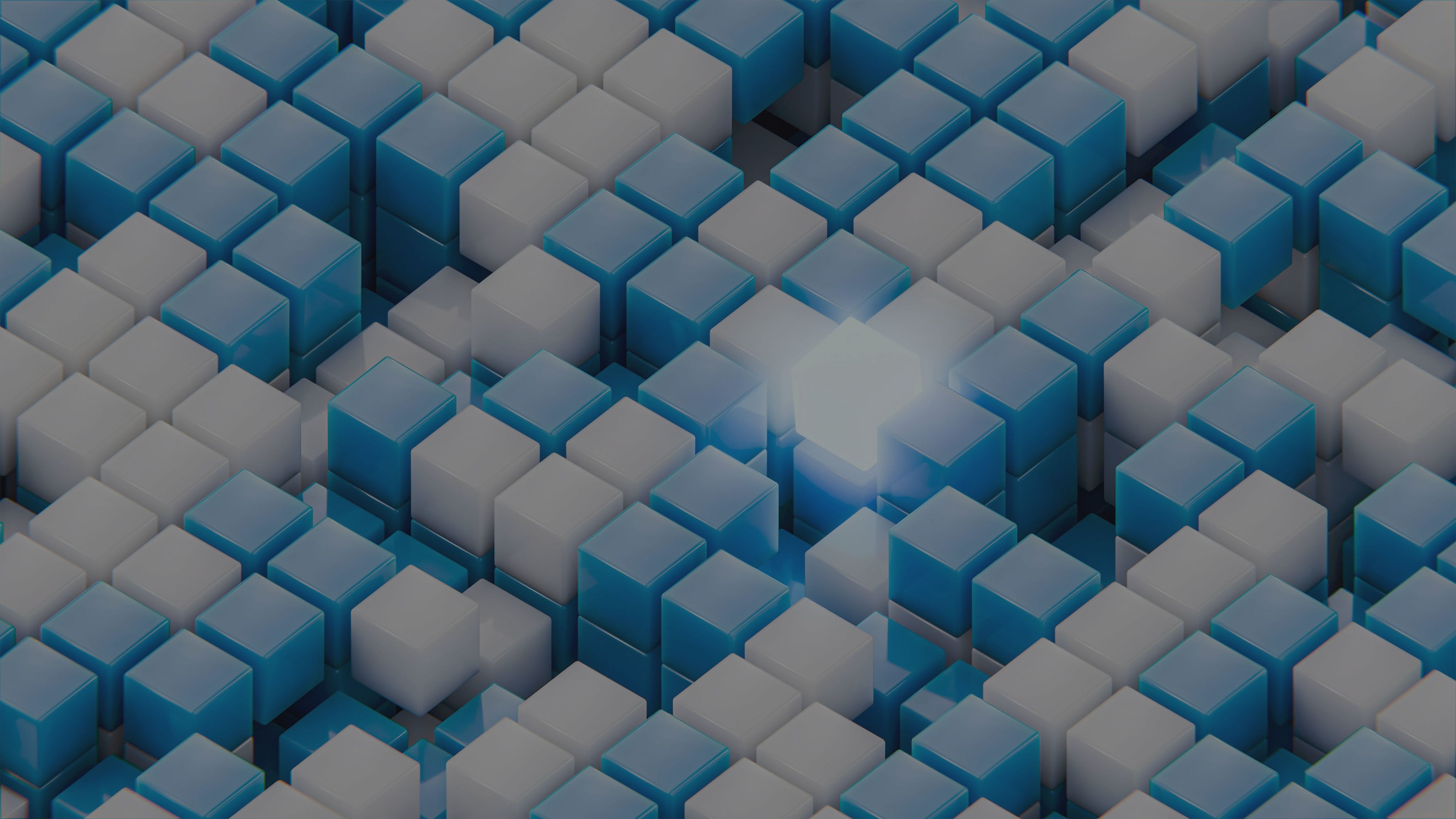 Blue and white cubes with a glowing center.